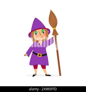 Ragazza divertente in costume di halloween. Bambina vestita da strega. Illustrazione vettoriale. Felice e carino bambino di carnevale. Design dei personaggi Illustrazione Vettoriale