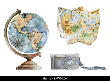 Illustrazione vintage disegnata a mano con acquerello. Set di accessori turistici, vecchia fotocamera d'epoca, globo, mappa cartacea di navigazione aperta. Progettare per Foto Stock