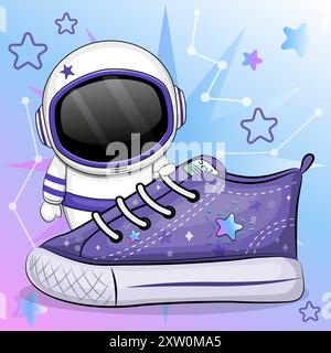 Un simpatico astronauta cartoni animati con una sneaker. Illustrazione vettoriale su sfondo blu con stelle. Illustrazione Vettoriale