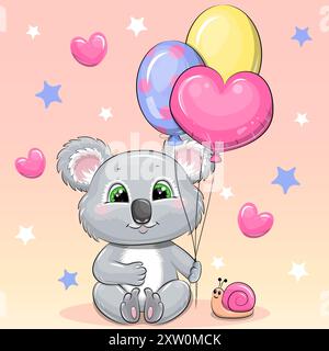 Carino koala cartoni animati con palloncini e lumaca. Illustrazione vettoriale di un animale su sfondo rosa con cuori e stelle. Illustrazione Vettoriale