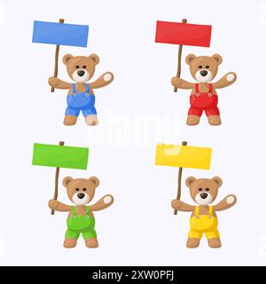 Piccolo pacchetto con orsacchiotto con pantaloni colorati e cartelli colorati. Il file viene creato senza lucidi e sfumature. Illustrazione Vettoriale