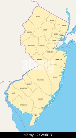 New Jersey, Stati Uniti, mappa politica con i confini e i nomi delle contee. Stato nel Medio Atlantico e nella regione nord-orientale degli Stati Uniti. Foto Stock