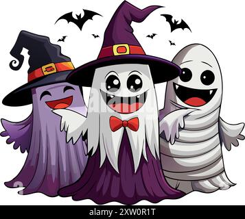 Illustrazione di un gruppo di personaggi fantasma di Halloween su sfondo bianco Illustrazione Vettoriale