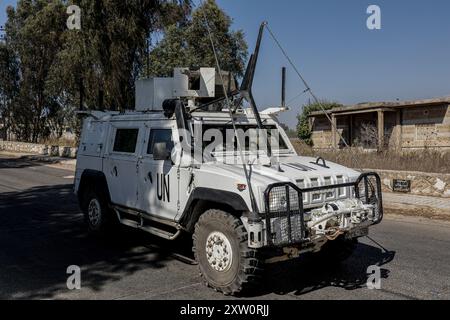 Marjayoun, Libano. 16 agosto 2024. Veicoli militari della missione ONU (Nazioni Unite) visti nella città libanese meridionale di Marjayoun vicino al confine con Israele. Credito: SOPA Images Limited/Alamy Live News Foto Stock