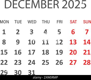 Icona del calendario di dicembre 2025 in stile piatto. Illustrazione vettoriale Planner su sfondo isolato. Il calendario firma il concetto di business. Illustrazione Vettoriale