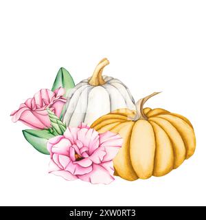 Zucche bianche e arancioni con acquerello disposte su sfondo bianco. Zucca dai colori pastello con fiori e foglie rosa. Illustrazione della raccolta autunnale Foto Stock