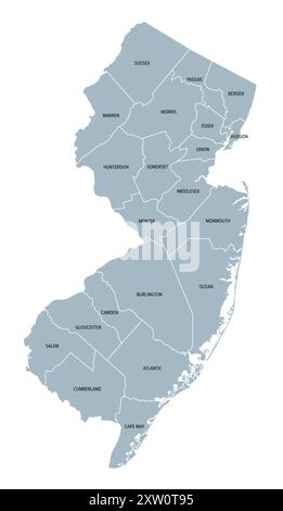 New Jersey, Stati Uniti, mappa politica grigia con i confini e i nomi delle contee. Stato nel Medio Atlantico e nella regione nord-orientale degli Stati Uniti. Foto Stock