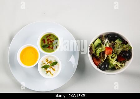 Diverse salse gustose in ciotole su tavolo bianco, piatto. Raita vegetale stile ristorante e chutney verde, Chutney alla menta di yogurt piccante (Pudina Raita) Foto Stock