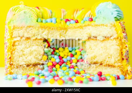 Una torta con spruzzette colorate e un buco nel mezzo. La torta viene tagliata in modo da rivelare un ripieno colorato Foto Stock