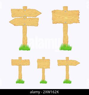 Set di cartelli e cartelli bianchi in legno chiaro. Il file viene creato senza lucidi e sfumature. Illustrazione Vettoriale