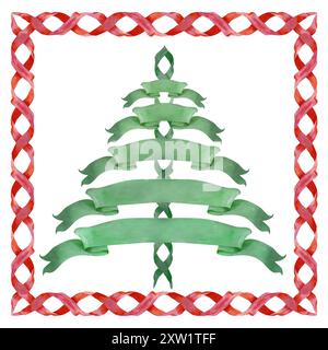 Cartolina di Natale con cornice rossa e striscioni a nastro in abete verde per testo decorativo. Serie di illustrazioni ad acquerello isolate su sfondo bianco Foto Stock