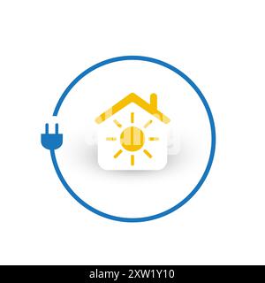 Lotta contro il cambiamento climatico, utilizzo di energia rinnovabile a casa - Design concettuale con cavo elettrico e simbolo Sole e Casa su sfondo bianco - Illustrazione Vettoriale