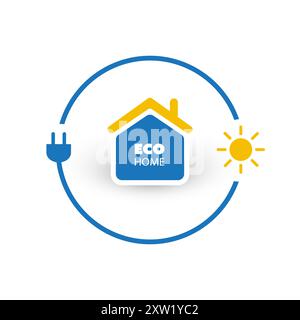 Lotta contro il cambiamento climatico, utilizza energia rinnovabile a casa - Design concettuale con cavo elettrico e simbolo Sun Around House su sfondo bianco - Crea Illustrazione Vettoriale