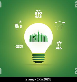 Energia verde riutilizzabile, rinnovabile e risorse sostenibili con simbolo di città intelligente in lampadina luminosa, sistema di generazione di energia alternativa Illustrazione Vettoriale