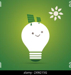 Lampadina bianca sorridente su sfondo verde - lampadina Emoji con volto divertente, emozione - concetto creativo di idea, energia rinnovabile verde, Eco Soluti Illustrazione Vettoriale