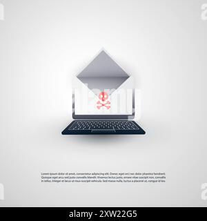 Hacked laptop and Envelope with Skull and Crossbones Sign on the Screen - virus, malware, ransomware, frode, spam, phishing, truffa e-mail, attacco hacker Illustrazione Vettoriale