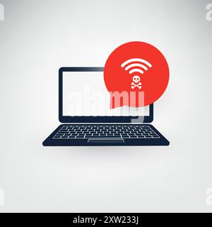 Connessioni wireless non sicure, hacker non sicuri, hotspot Wi-Fi pubblici gratuiti - virus, backdoor, ransomware, frode, spam, phishing, truffa, hacker A. Illustrazione Vettoriale
