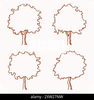 Quattro contorni di alberi. L'immagine viene disegnata a mano. Gli alberi sono adatti per i disegni architettonici. Illustrazione Vettoriale