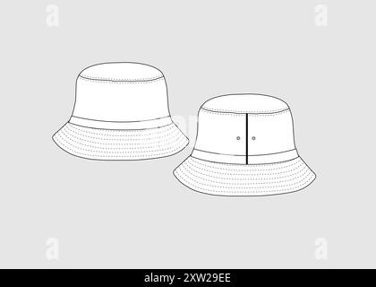 Bucket Hat illustrazione tecnica Moda modello cappello illustrazione vettoriale Vista posteriore frontale cappello benna CAD Mock-up Bucket Hat Flat Sketch Fashion Illus Illustrazione Vettoriale