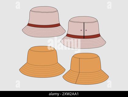 Hat Fashion Flat Sketch disegno tecnico illustrazione vettoriale modello cappello illustrazione vettoriale Vista posteriore anteriore cappello benna CAD Mock-up Bucket Hat Flat Illustrazione Vettoriale