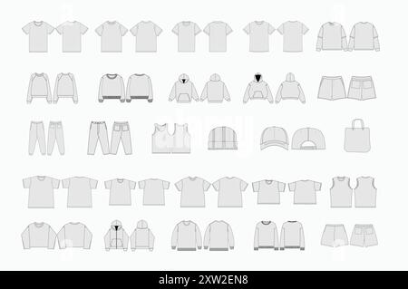 Collezione Vector Apparel Mockups T-shirt da uomo con cappuccio da baseball Joggers felpe pantaloncini borsa tote calzini pantaloni con le fibbie illustrazione vettoriale Illustrazione Vettoriale