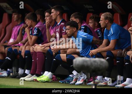 Varsavia, Polonia. 14 agosto 2024. Ben Godfrey di Atalanta reagisce mentre guarda dalla panchina durante la partita di Supercoppa UEFA allo Stadio Nazionale di Varsavia. Il credito per immagini dovrebbe essere: Jonathan Moscrop/Sportimage Credit: Sportimage Ltd/Alamy Live News Foto Stock