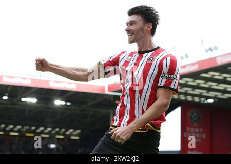 Kieffer Moore dello Sheffield United celebra il secondo gol della squadra durante il match per il titolo Sky Bet a Bramall Lane, Sheffield. Data foto: Sabato 17 agosto 2024. Foto Stock