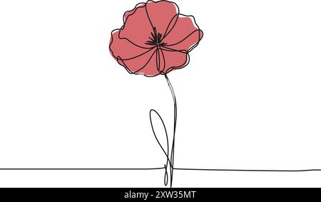 disegno continuo a linea singola del fiore selvatico rosso, illustrazione vettoriale art della linea del papavero di mais colorato Illustrazione Vettoriale