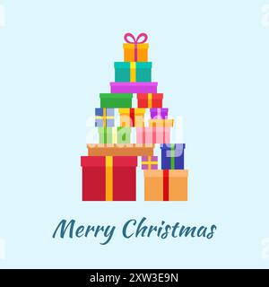 Buon Natale con una serie di regali. Biglietto d'auguri dal design piatto. Illustrazione Vettoriale