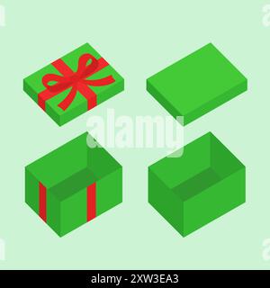 Scatola aperta verde per regali con fiocco rosso. Variante di design natalizio e piatto. Illustrazione Vettoriale