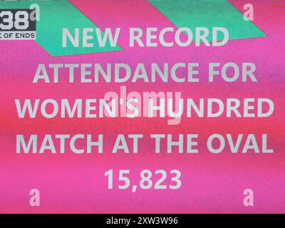 Londra, Regno Unito. 17 agosto 2024. Londra, Inghilterra, 17 agosto 2024: Annuncio di un record di presenze durante la partita dei cento Eliminatori tra Oval Invincibles Women e London Spirit Women al Kia Oval di Londra, Inghilterra. (Jay Patel/SPP) credito: SPP Sport Press Photo. /Alamy Live News Foto Stock