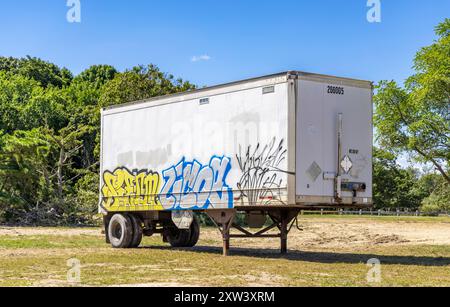 Semirimorchio seduto in un campo con graffiti Foto Stock