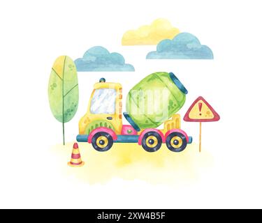 Carrello betoniera circondato da alberi, un cono stradale e un cartello segnaletico. Giocattolo per veicoli Clipart Watercolor da utilizzare in materiali per la sicurezza stradale, libri di fiabe per bambini o illustrazioni di cantieri edili Foto Stock