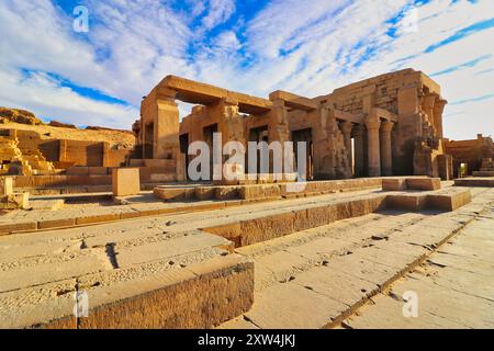 Vista delle rovine del tempio di Kom Ombo dedicato alla dea testa di coccodrillo Sobek presso il tempio di Sobek e Haroeris costruito nel II secolo a.C. dalle faraone Tolomeo a Kom Ombo, vicino ad Assuan, in Egitto Foto Stock