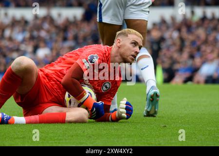 Liverpool, Regno Unito. 17 agosto 2024. Il portiere di Brighton e Hove Albion Jason Steele (23) rivendica la palla durante la partita di Everton FC contro Brighton & Hove Albion FC English Premier League al Goodison Park, Liverpool, Inghilterra, Regno Unito il 17 agosto 2024 Credit: Every Second Media/Alamy Live News Foto Stock