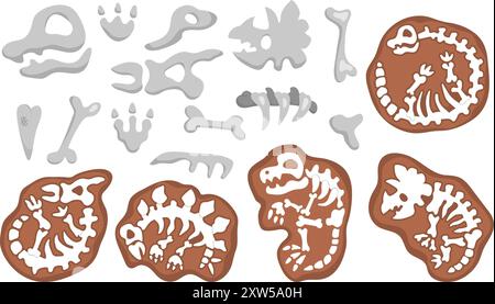 Ossa vettoriali di dinosauro, scheletri e crani. Graziosa collezione di icone fossili animali preistorici. Sepoltura di Dino e illustrazioni tombe. Archeologi Illustrazione Vettoriale