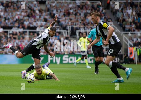 Bruno Guimaraes del Newcastle United viene sconfitto da Adam Armstrong del Southampton durante la partita di Premier League tra Newcastle United e Southampton al St. James's Park di Newcastle, sabato 17 agosto 2024. (Foto: Trevor Wilkinson | mi News) crediti: MI News & Sport /Alamy Live News Foto Stock