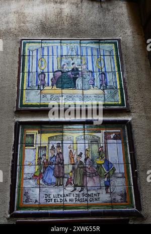 Splendida Street art su Carrer de Petritxol nel quartiere gotico di Barcellona, Spagna. Foto Stock