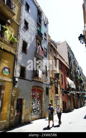 Il colorato Carrer de la Riera Baixa a Barcellona, Spagna Foto Stock