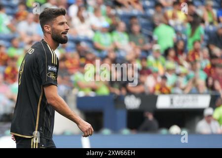 Seattle, Stati Uniti. 17 agosto 2024. L'attaccante del LAFC Olivier Giroud (9) comparve contro i Seattle Sounders FC in una partita di Leagues Cup al Lumen Field di Seattle, Washington, il 17 agosto 2024. (Credito fotografico Nate Koppelman/Sipa USA) credito: SIPA USA/Alamy Live News Foto Stock