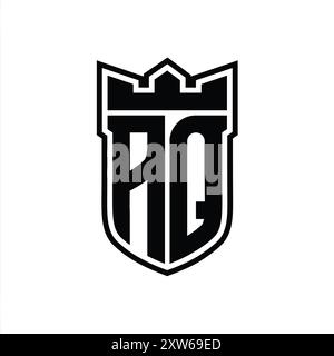 Logo AQ Letter con forma a scudo e corona geometrica all'interno del contorno nero su sfondo bianco Foto Stock