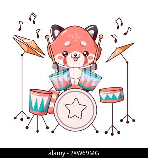 Kawaii Fox crea un battito ritmico sull'illustrazione vettoriale piatta della batteria. Fox affascina il pubblico con l'icona delle performance dinamiche su sfondo bianco Illustrazione Vettoriale