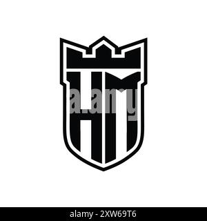 Logo HM Letter con forma a scudo e corona geometrica all'interno del profilo nero su sfondo bianco Foto Stock