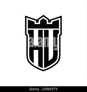 Logo HU Letter con forma a scudo e corona geometrica all'interno del contorno nero su sfondo bianco Foto Stock