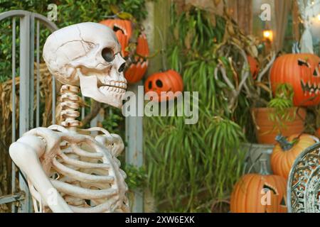 Scheletro con teschio e molte delle zucche Jack o'lantern per la decorazione di Halloween Foto Stock