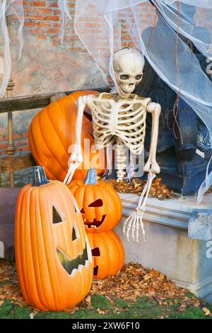 Decorazione di Halloween con pile di zucche Jack-o'-lanterne e scheletro nel giardino Foto Stock