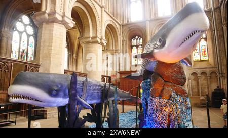 Mostra i mostri del mare alla cattedrale di Peterborough. Imgage mostra un Livyatan Melville - una specie di capodoglio preistorico estinto. Foto Stock