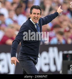 Londra, Regno Unito. 17 agosto 2024 - West Ham United contro Aston Villa - Premier League - London Stadium. Unai Emery, direttore della villa di Aston. Crediti immagine: Mark Pain / Alamy Live News Foto Stock