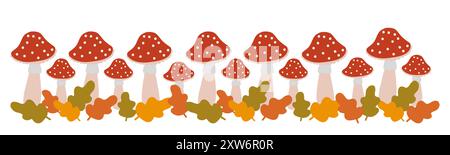 Illustrazione a funghi colorati con un design stravagante con tappi rossi e bianchi in mezzo alle foglie autunnali Illustrazione Vettoriale