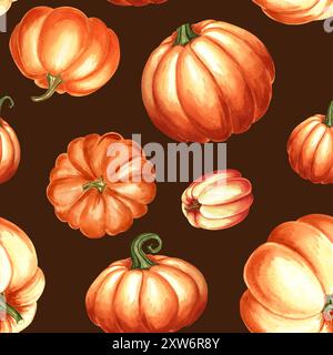 Zucche arancioni. Seamless patten per decorare la festa del raccolto autunnale. Illustrazione ad acquerello disegnata a mano isolata. Verdure tradizionali del giorno del Ringraziamento Foto Stock